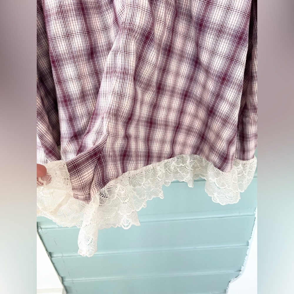 Anthropologie flannel pajama romper Victorian cozy purple plaid 100% cotton fall - Picture 4 of 9